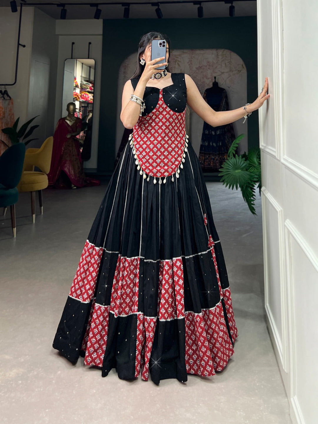 Black Colour  Pure Cotton And Paper Mirror Hand Work With Gotta Patti Navratri  Special Lehenga Choli Set