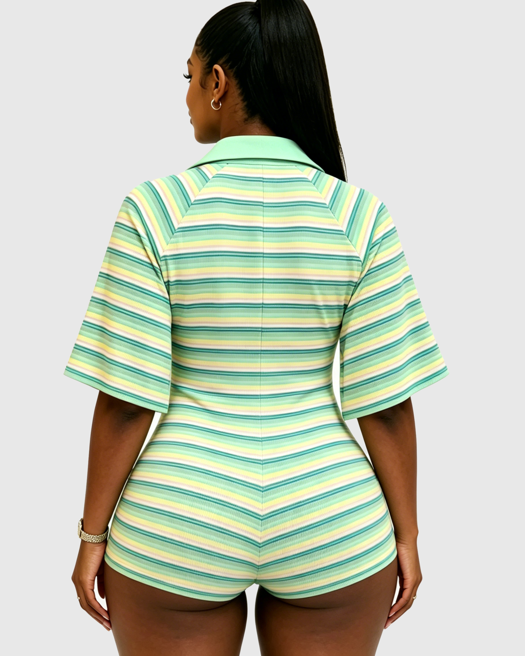 Striped Ribbed Polo Hourglass Romper with Button Front  - By Qivii