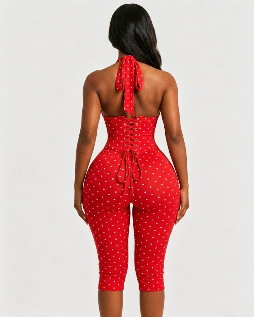 Hourglass Figure Body Shaper Waist Cincher Polka Dot Capri Jumpsuit Two-Piece Set  - By Qivii