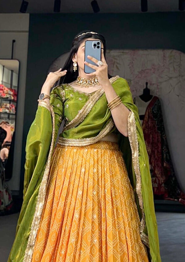 Pure Viscose Jacquard Silk Lehenga Choli In Mustard Color