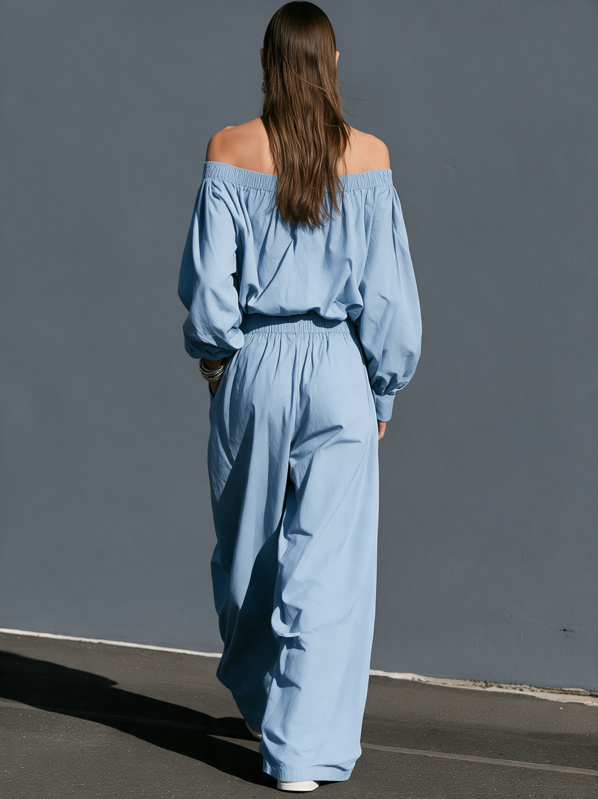 Women's Casual Light Blue Woven Off-Shoulder Long-Sleeve Jumpsuit MDZ0492I1LXY