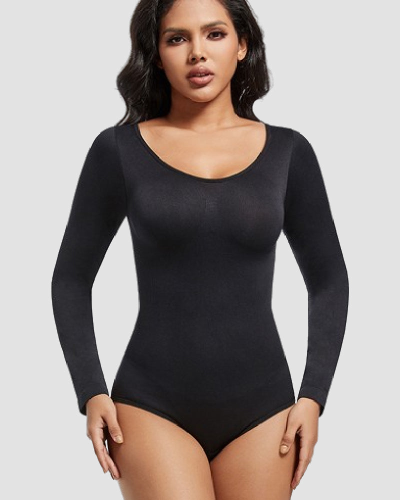 Seamless Crew Neck Long Sleeve Corset Bodysuit Tops Stretch Triangle Jumpsuit  - By Qivii