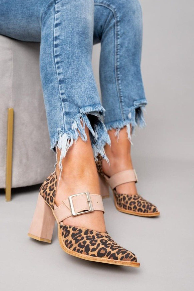 Selveta | Leren leopardsandalen met stabiele hakken  - By Qivii