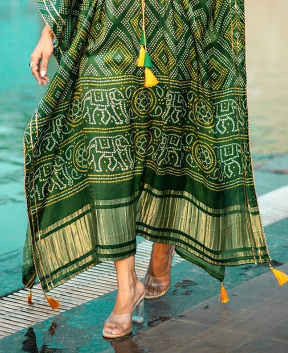 Green Pure Gaji Silk Digital Print with Gotta Patti Lace Border also comes with tassels Kaftan Dress