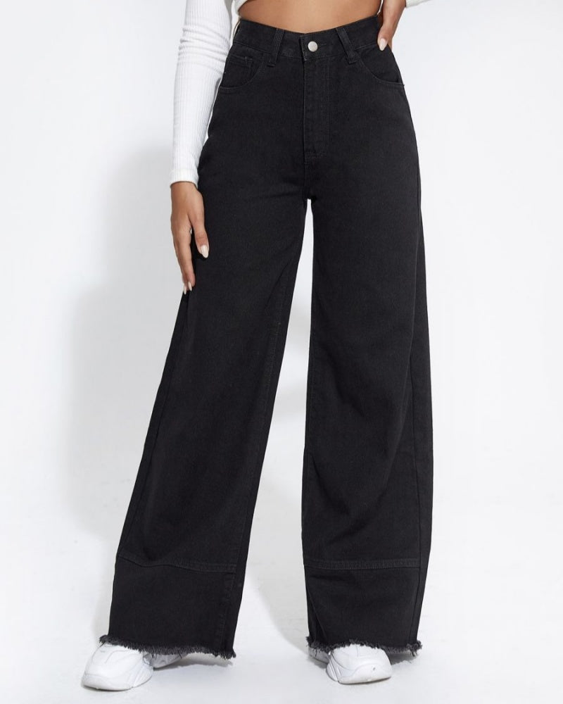 Wide-leg Jeans High Waist Patchwork Raw Edge Loose Trousers  - By Qivii