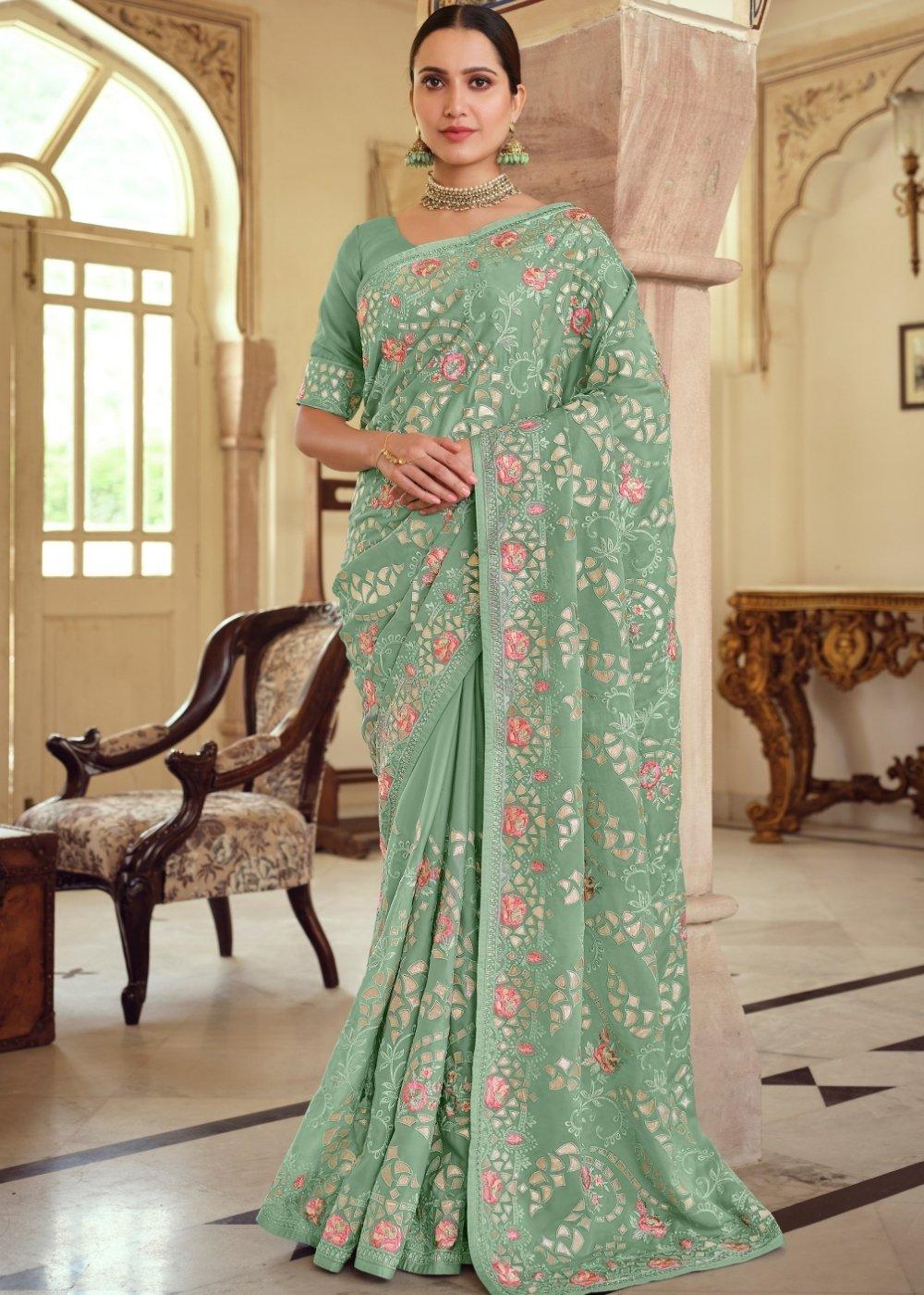 Fern Green Designer Satin Georgette Saree with Gota & Resham work | Stitched Blouse - qivii