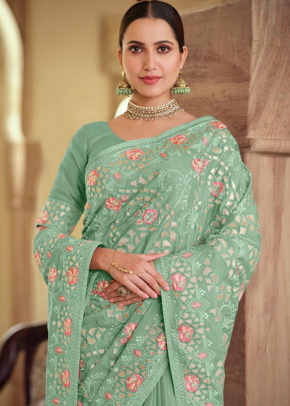 Fern Green Designer Satin Georgette Saree with Gota & Resham work | Stitched Blouse - qivii