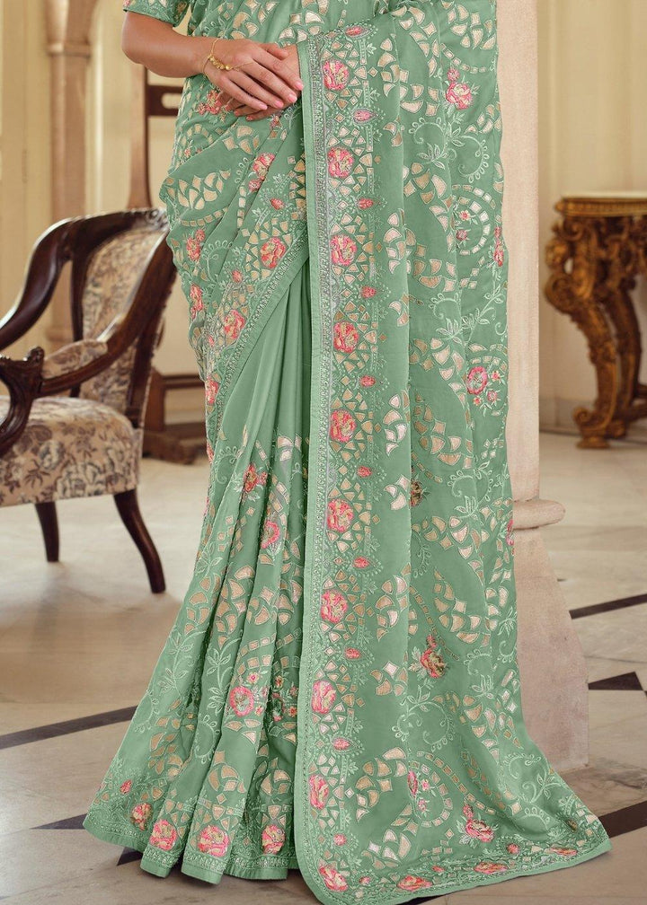 Fern Green Designer Satin Georgette Saree with Gota & Resham work | Stitched Blouse - qivii