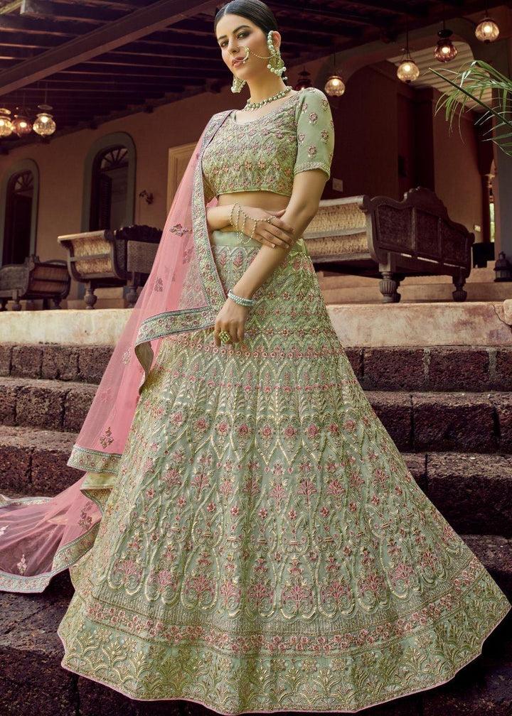 Fern Green Georgette Lehenga Choli with Resham & Gota work - qivii