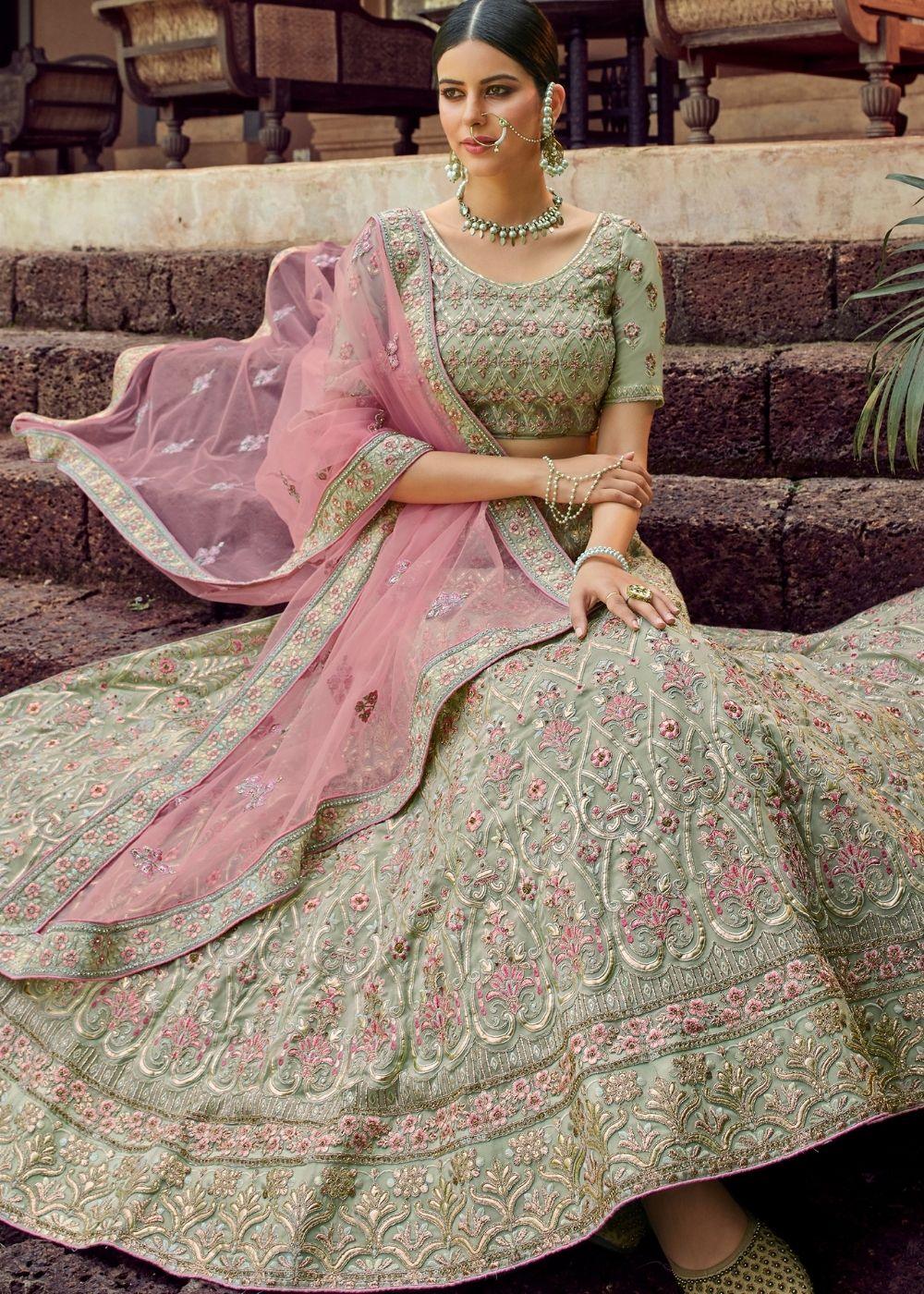 Fern Green Georgette Lehenga Choli with Resham & Gota work - qivii