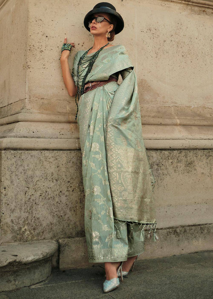 Fern Green Gota Zari Handloom Weaving Silk Saree | Stitched Blouse - qivii