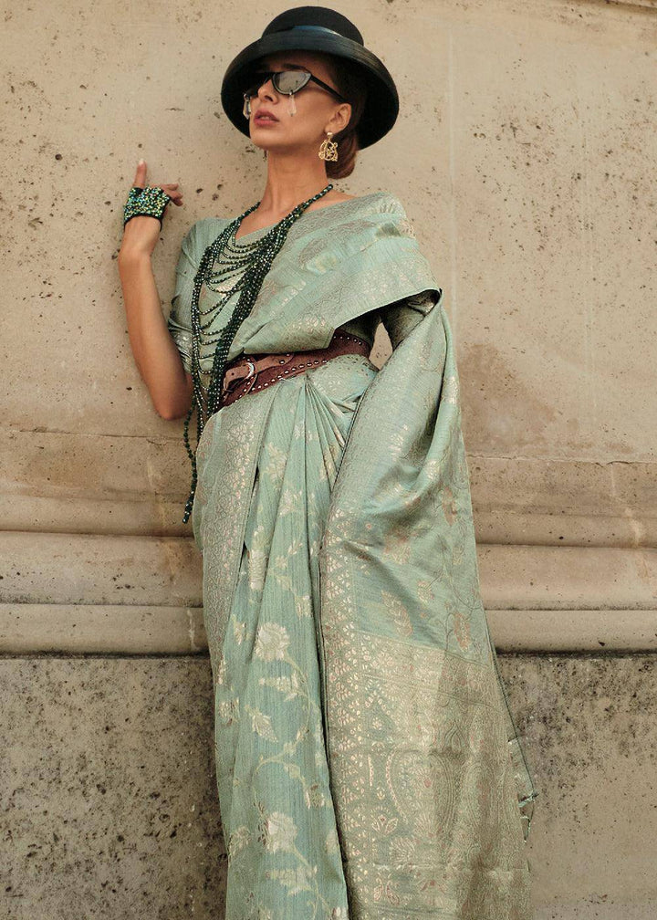 Fern Green Gota Zari Handloom Weaving Silk Saree | Stitched Blouse - qivii