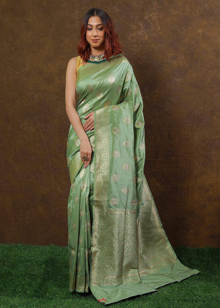 Fern Green Hand Woven Pure Katan Silk Saree | Stitched Blouse - qivii