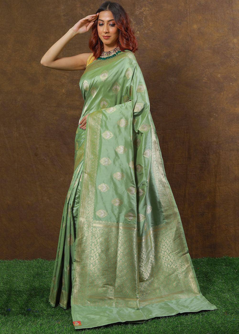 Fern Green Hand Woven Pure Katan Silk Saree | Stitched Blouse - qivii