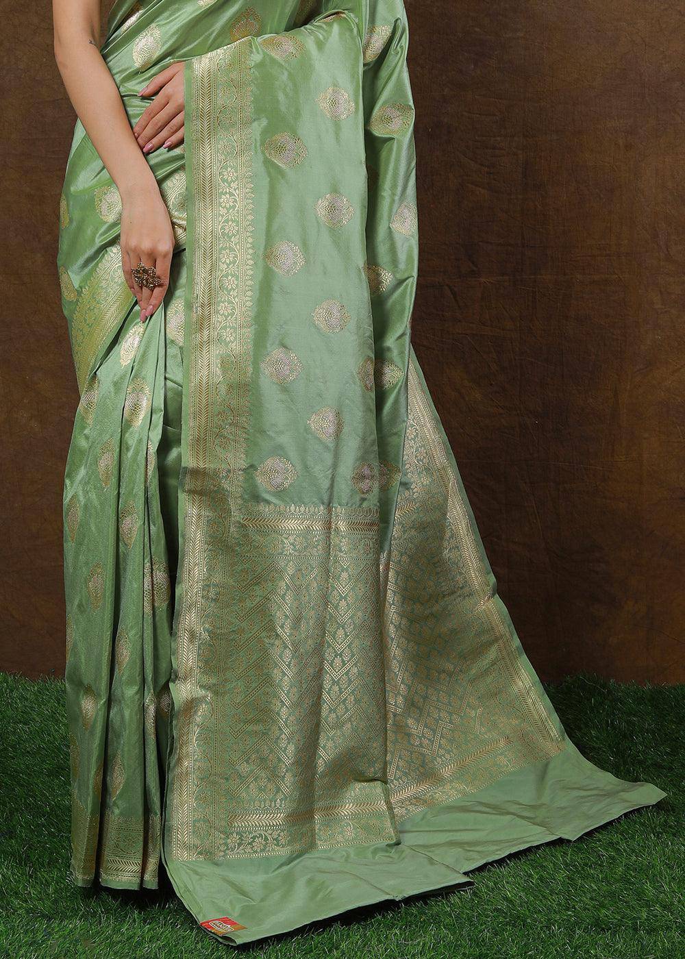 Fern Green Hand Woven Pure Katan Silk Saree | Stitched Blouse - qivii