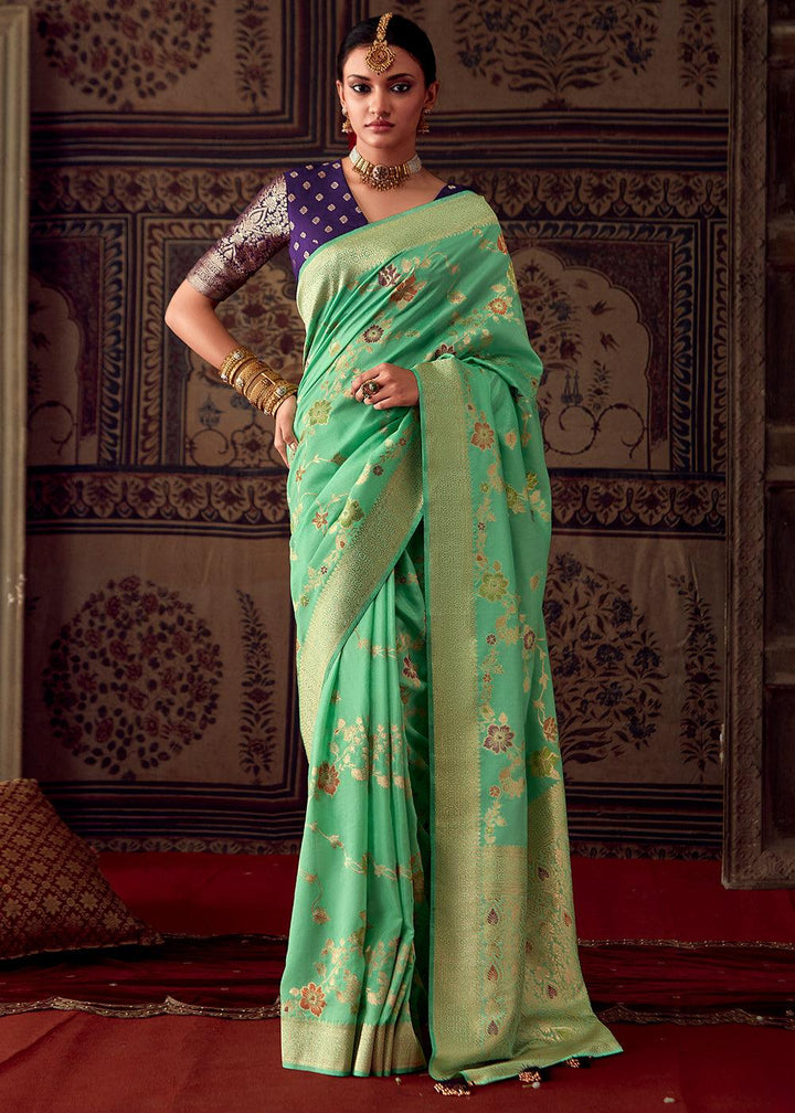 Fern Green Meenakari Weaving Dola Silk Saree - qivii