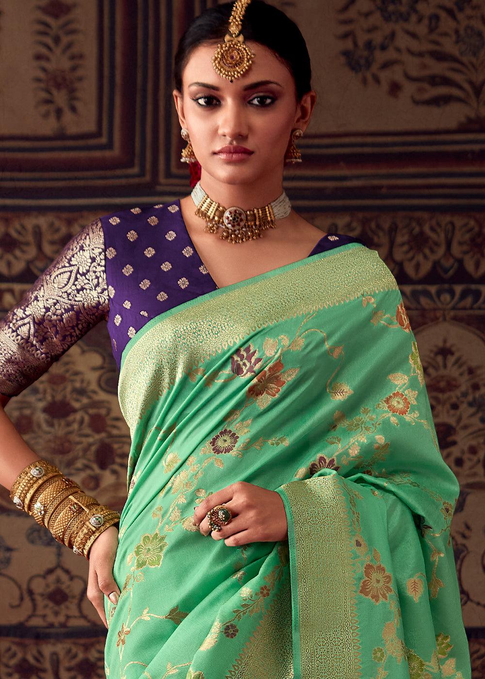 Fern Green Meenakari Weaving Dola Silk Saree - qivii