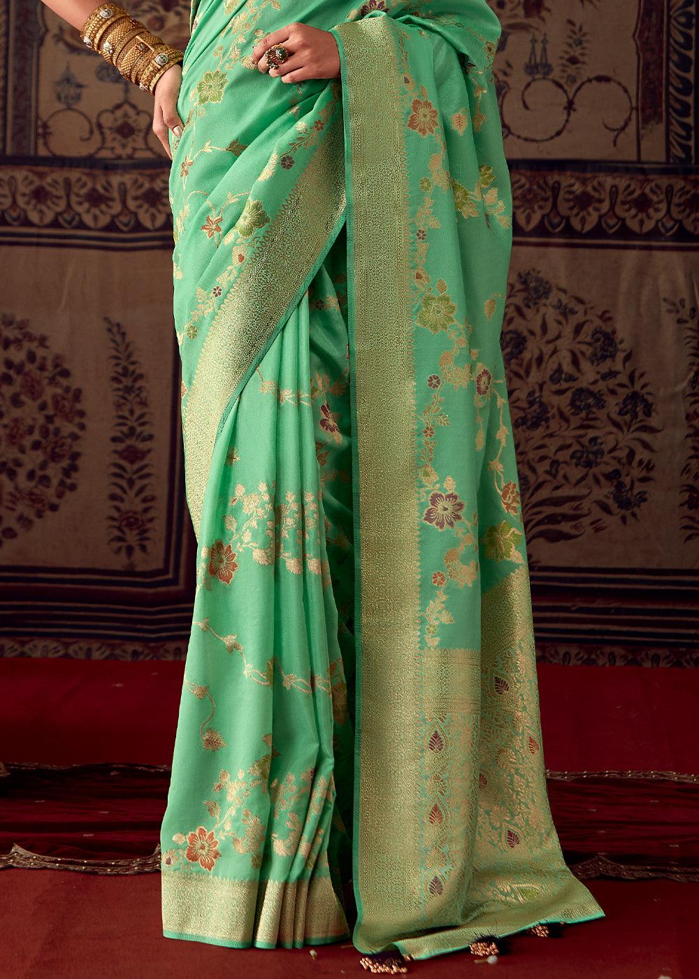 Fern Green Meenakari Weaving Dola Silk Saree - qivii