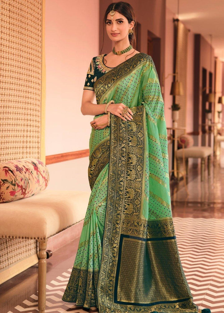 Fern Green Woven Banarasi Silk Saree with Embroidered Blouse | Stitched Blouse - qivii