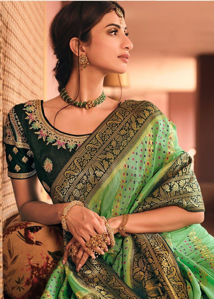 Fern Green Woven Banarasi Silk Saree with Embroidered Blouse | Stitched Blouse - qivii