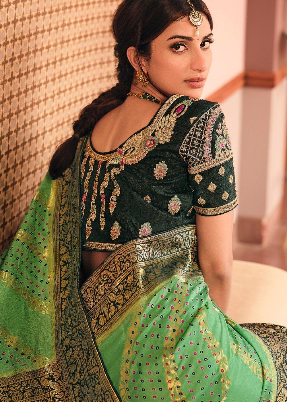 Fern Green Woven Banarasi Silk Saree with Embroidered Blouse | Stitched Blouse - qivii