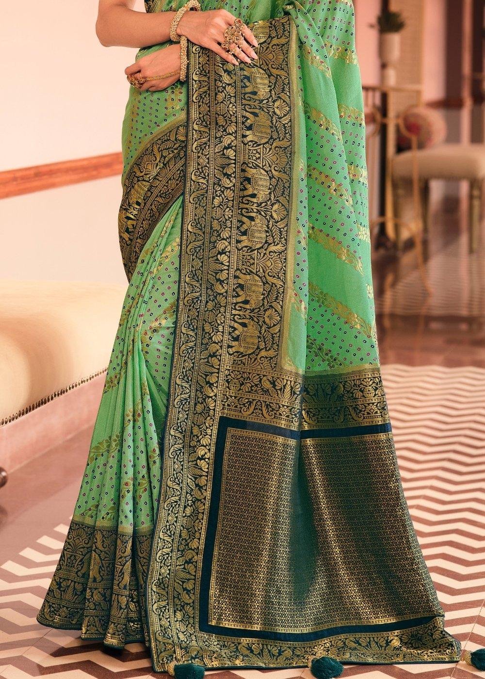 Fern Green Woven Banarasi Silk Saree with Embroidered Blouse | Stitched Blouse - qivii