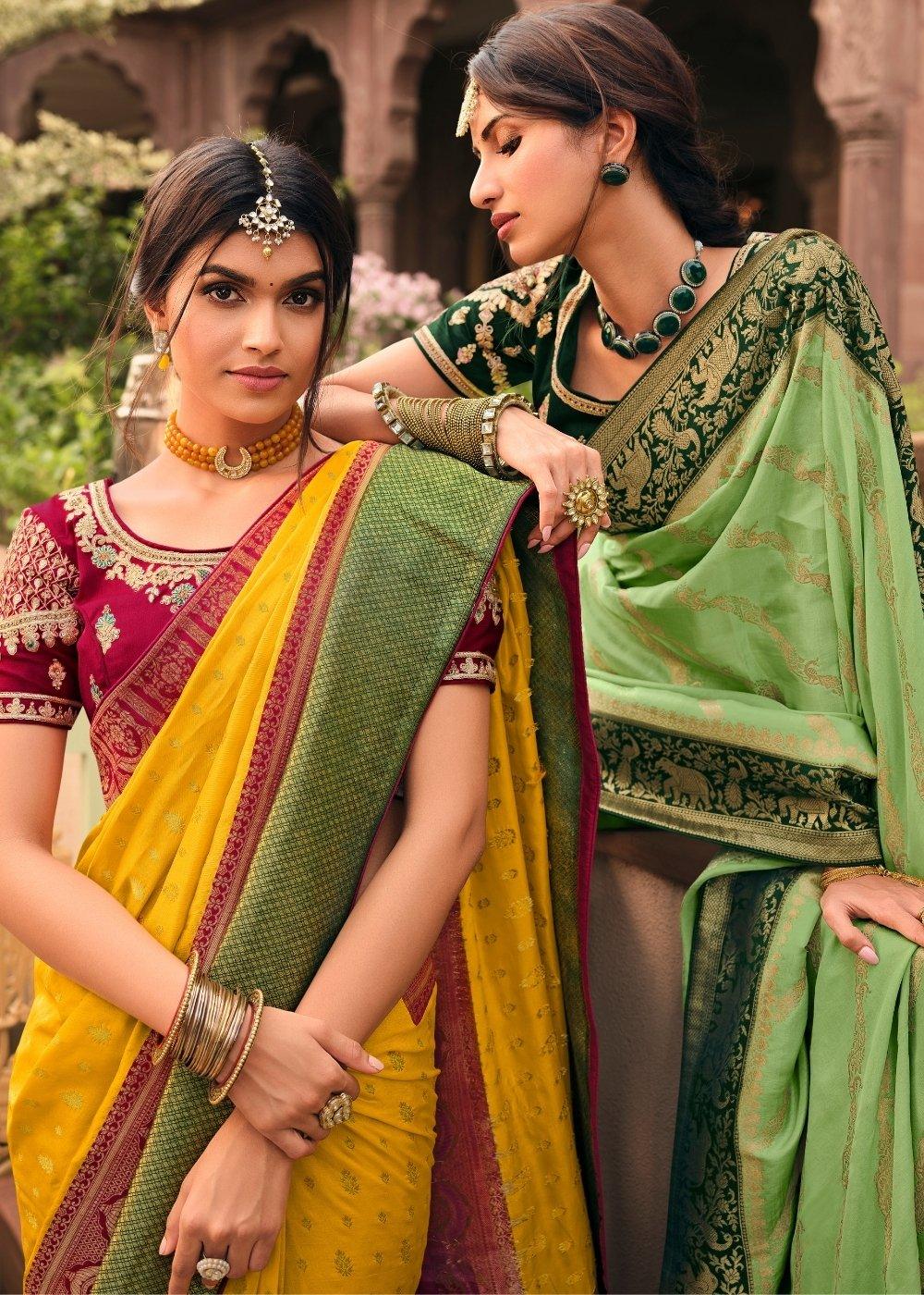 Fern Green Woven Banarasi Silk Saree with Embroidered Blouse | Stitched Blouse - qivii