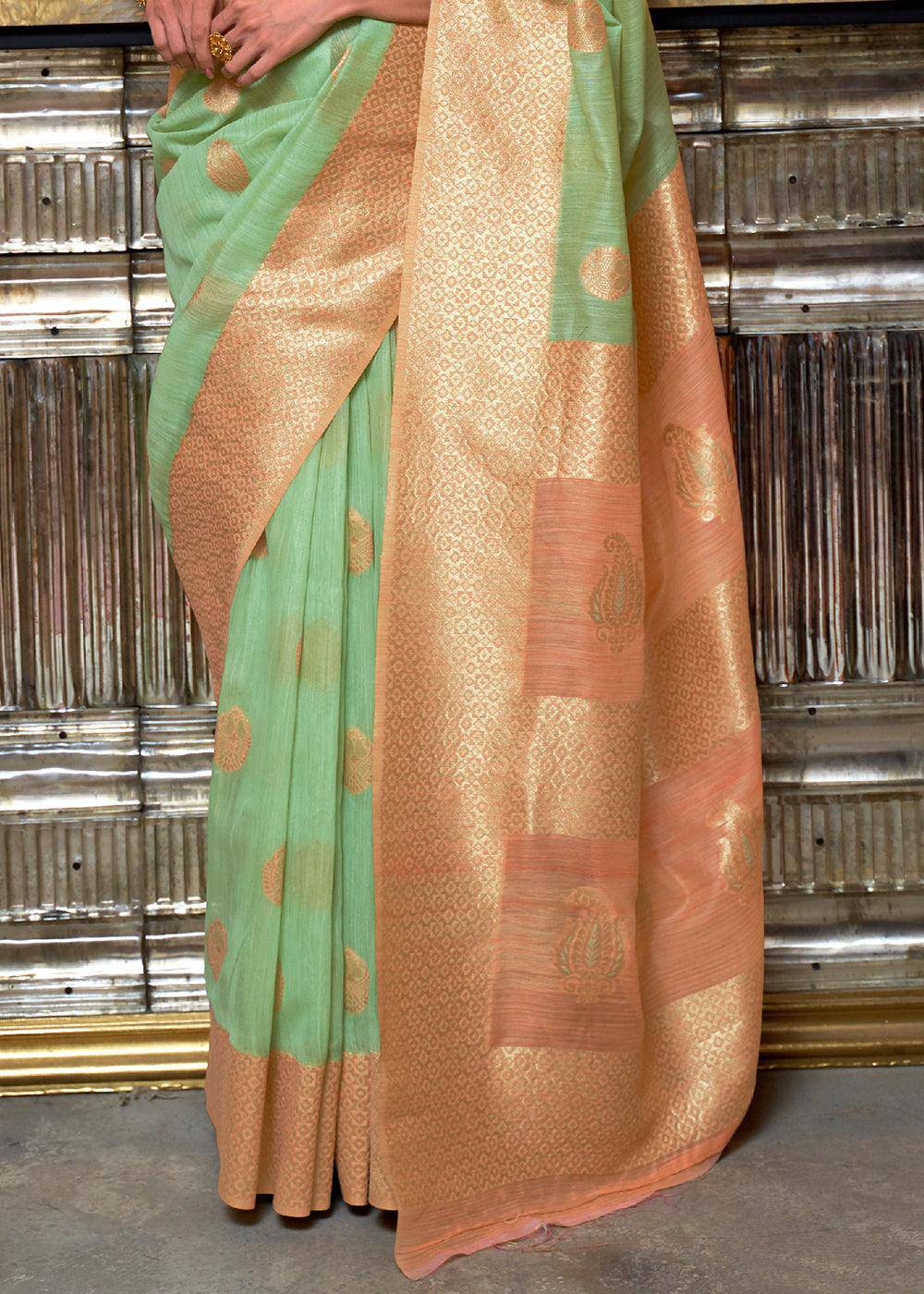 Fern Green Woven Linen Silk Saree with Contrast Border & Pallu | Stitched Blouse - qivii