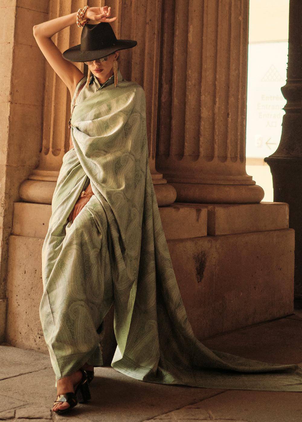 Fern Green Woven Satin Silk Saree | Stitched Blouse - qivii