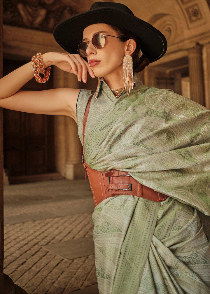 Fern Green Woven Satin Silk Saree | Stitched Blouse - qivii