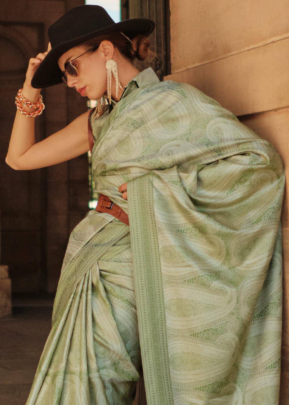 Fern Green Woven Satin Silk Saree | Stitched Blouse - qivii