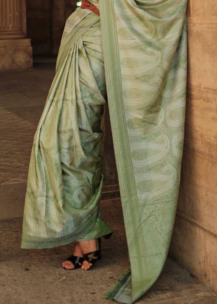 Fern Green Woven Satin Silk Saree | Stitched Blouse - qivii