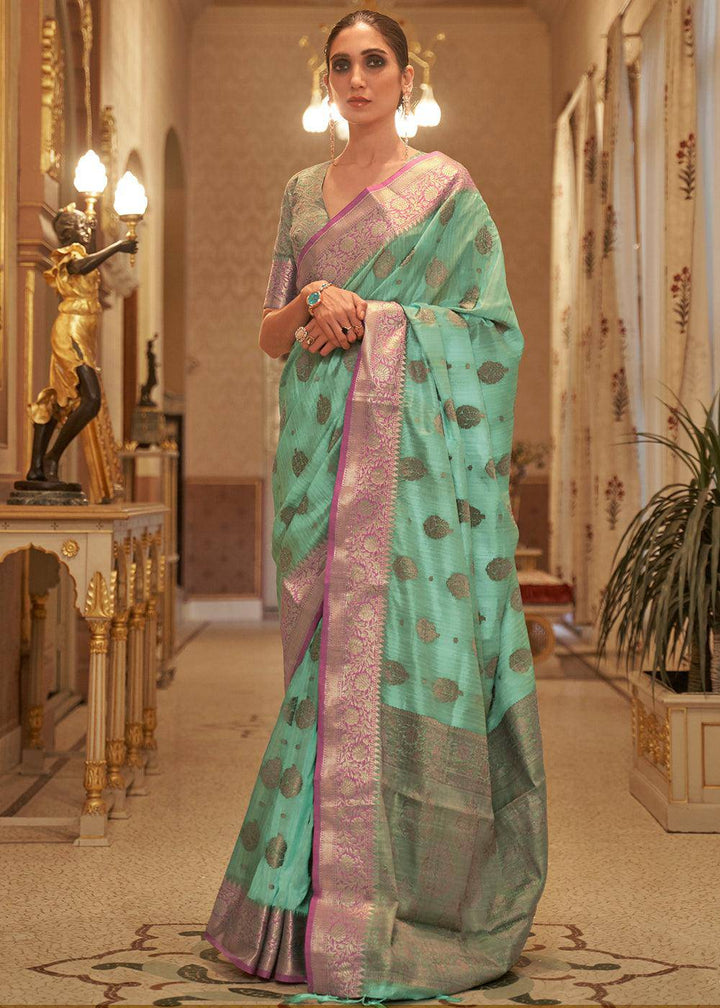 Fern Green Zari Butta Woven Tussar Silk Saree | Stitched Blouse - qivii