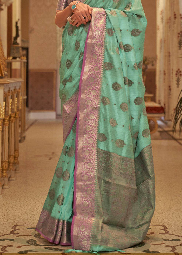 Fern Green Zari Butta Woven Tussar Silk Saree | Stitched Blouse - qivii