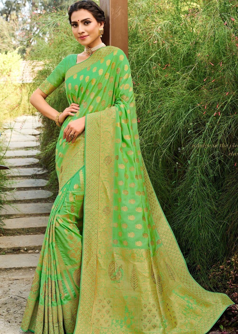 Fern Green Zari Woven Banarasi Silk Saree | Stitched Blouse - qivii