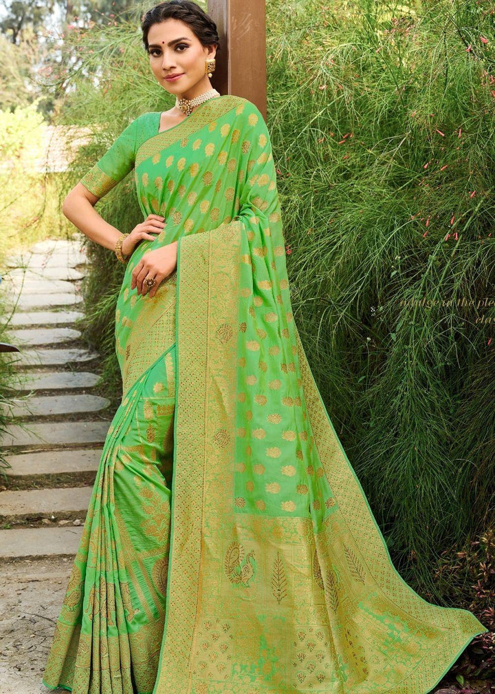 Fern Green Zari Woven Banarasi Silk Saree | Stitched Blouse - qivii