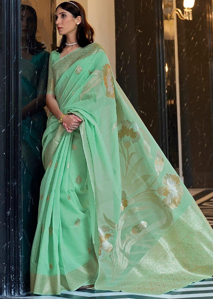 Fern Green Zari Woven Linen Silk Saree | Stitched Blouse - qivii