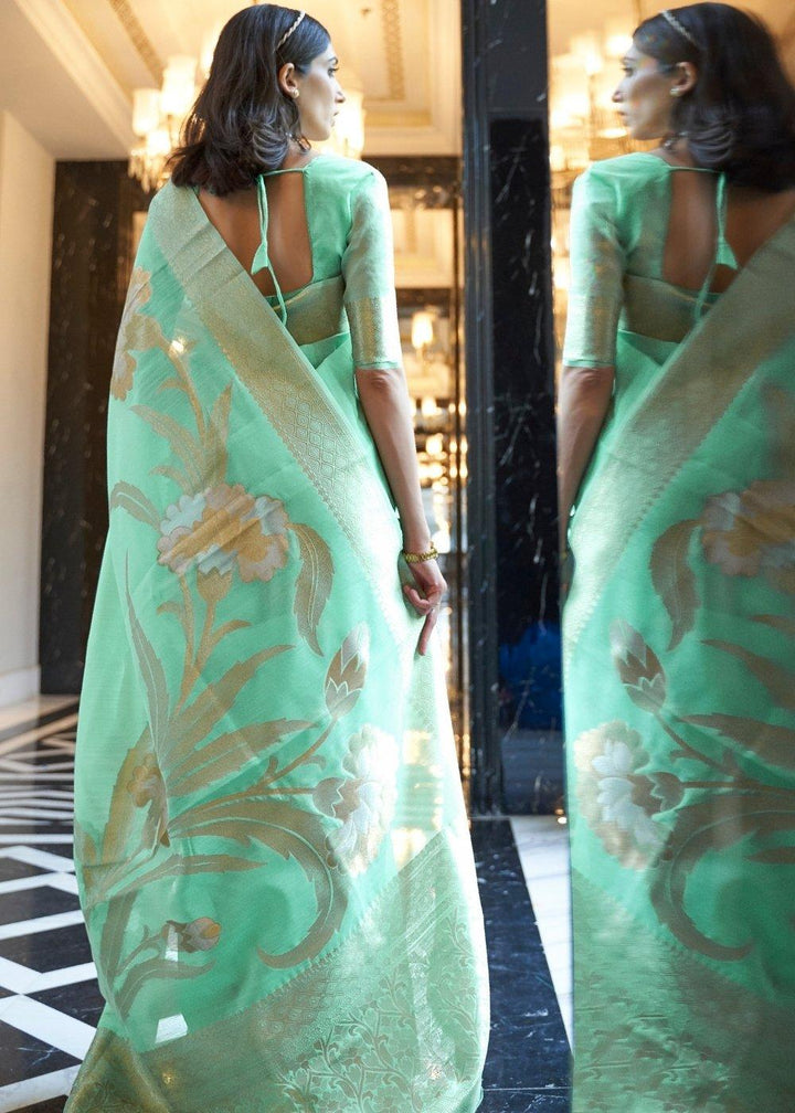 Fern Green Zari Woven Linen Silk Saree | Stitched Blouse - qivii