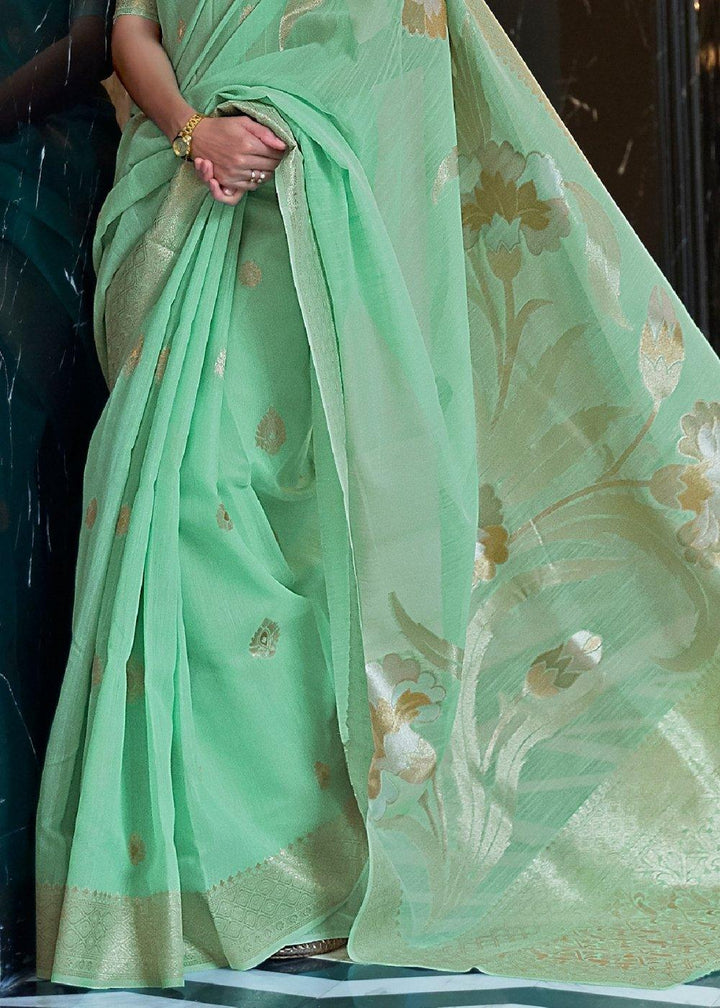 Fern Green Zari Woven Linen Silk Saree | Stitched Blouse - qivii