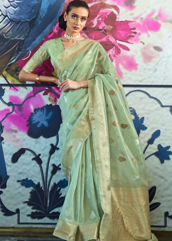 Fern Green Zari Woven Organza Silk Saree | Stitched Blouse - qivii