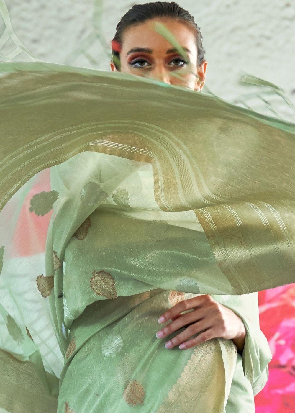 Fern Green Zari Woven Organza Silk Saree | Stitched Blouse - qivii