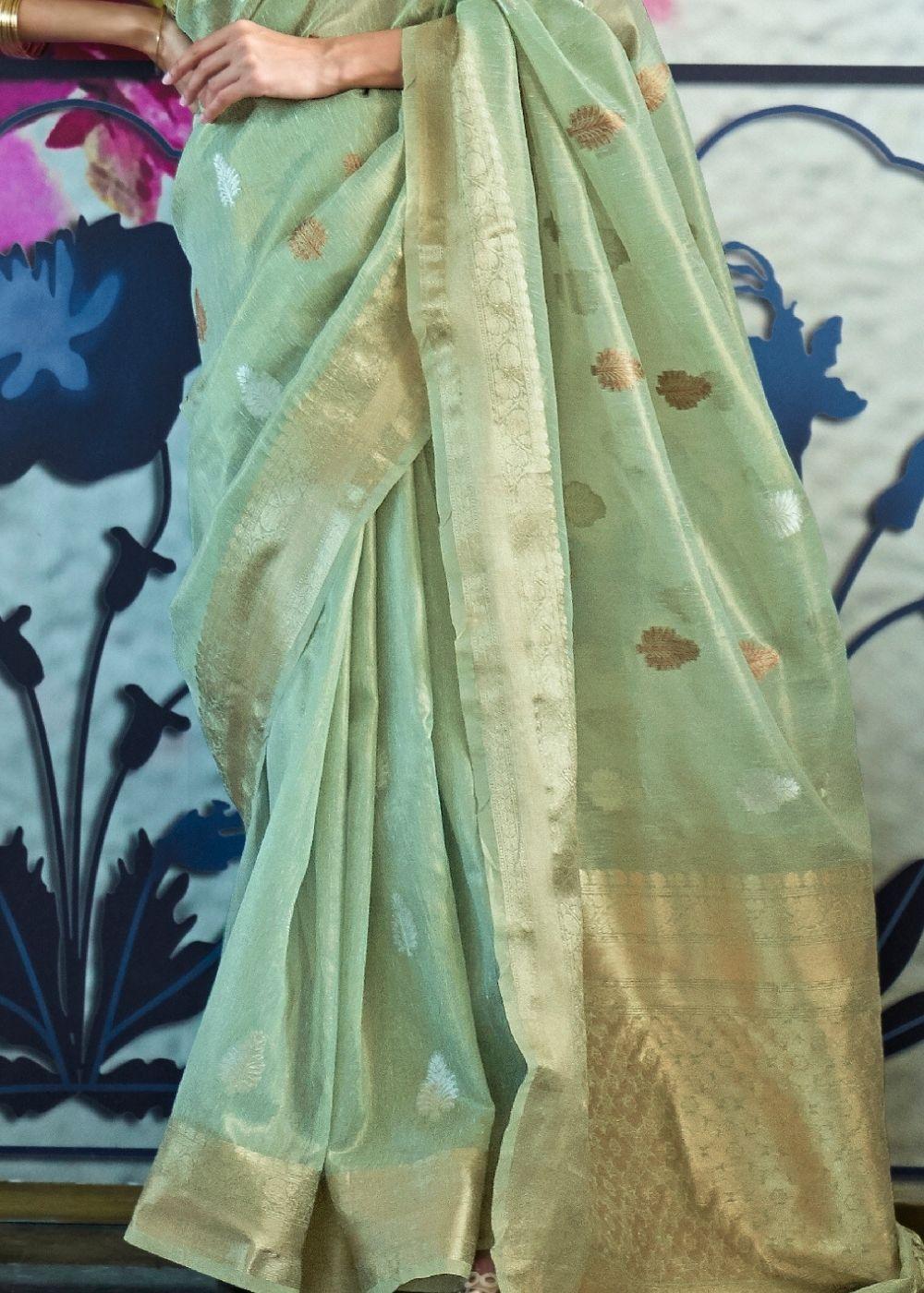 Fern Green Zari Woven Organza Silk Saree | Stitched Blouse - qivii