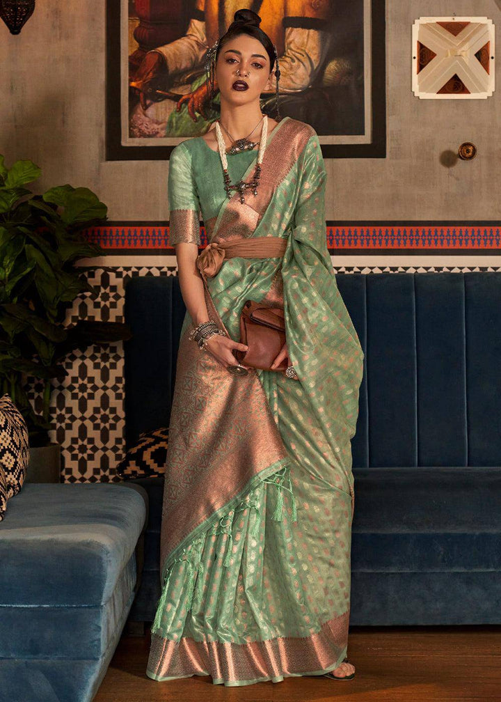 Fern Green Zari Woven Tissue Silk Saree | Stitched Blouse - qivii