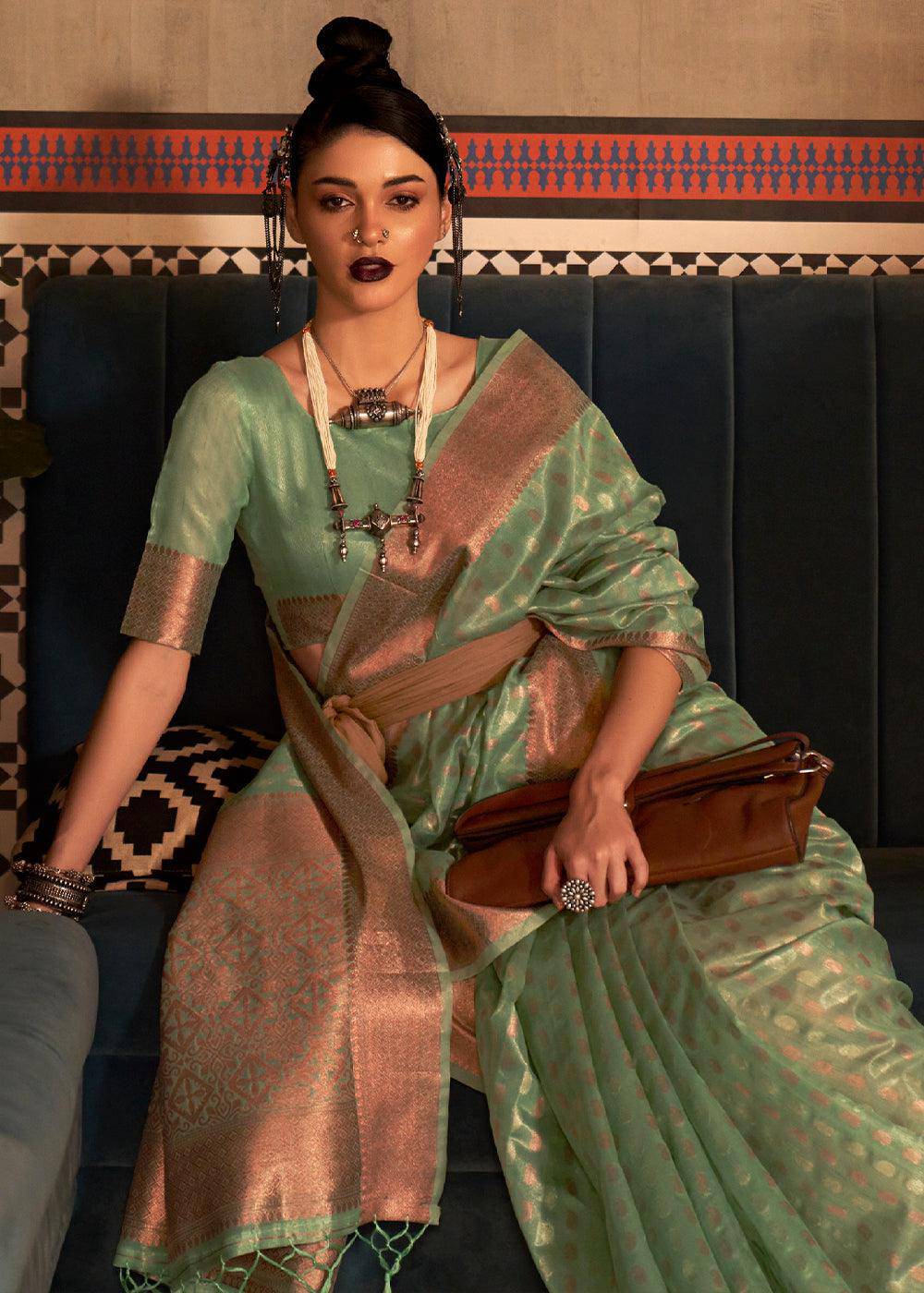 Fern Green Zari Woven Tissue Silk Saree | Stitched Blouse - qivii