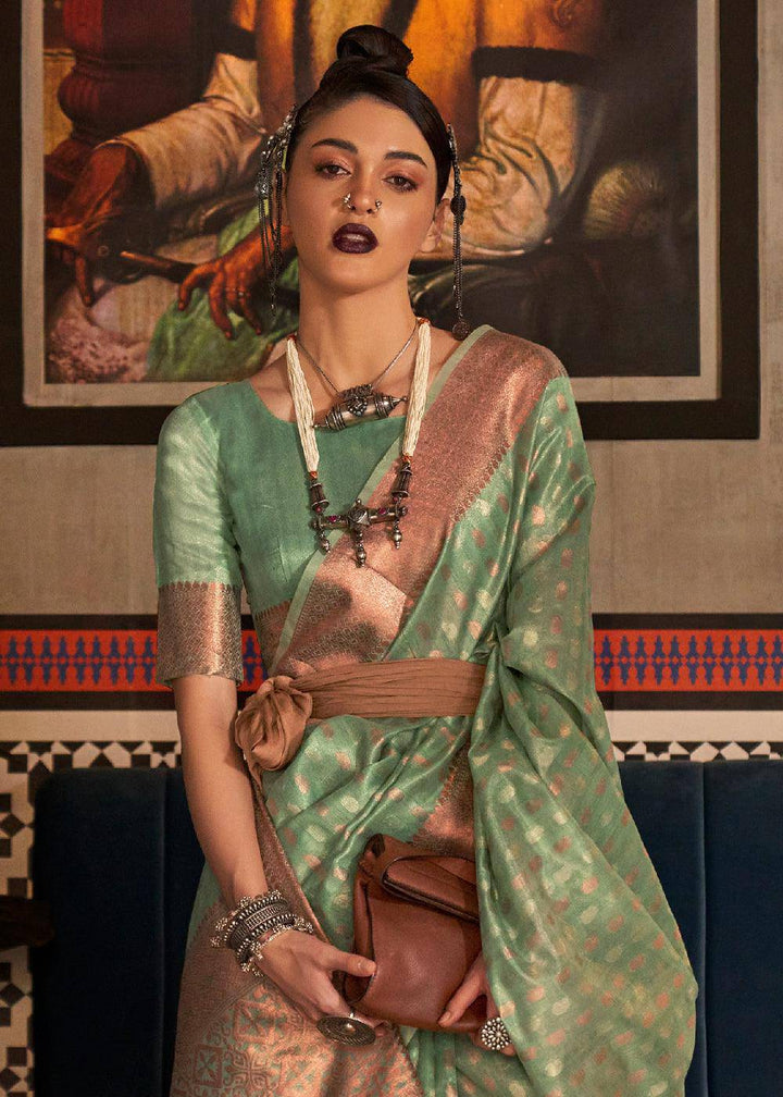 Fern Green Zari Woven Tissue Silk Saree | Stitched Blouse - qivii