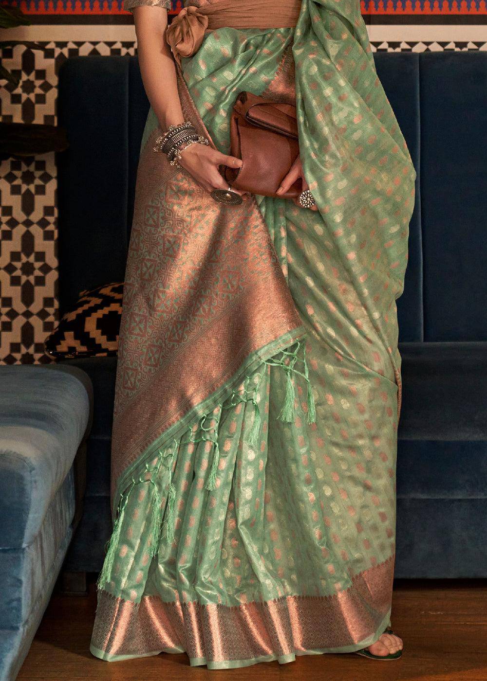 Fern Green Zari Woven Tissue Silk Saree | Stitched Blouse - qivii