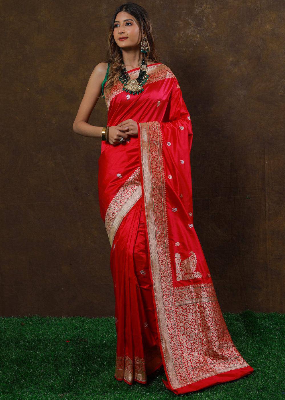 Ferrari Red Hand Woven Pure Katan Silk Saree | Stitched Blouse - qivii