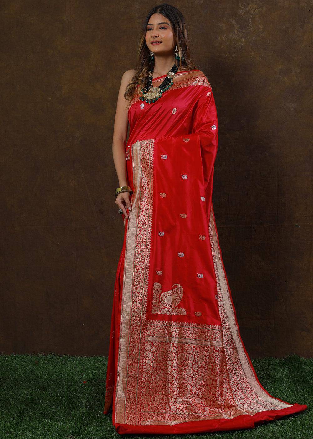 Ferrari Red Hand Woven Pure Katan Silk Saree | Stitched Blouse - qivii