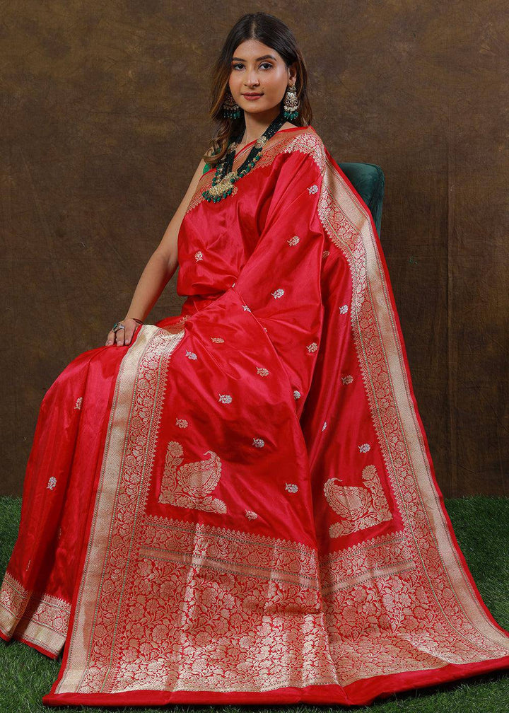 Ferrari Red Hand Woven Pure Katan Silk Saree | Stitched Blouse - qivii