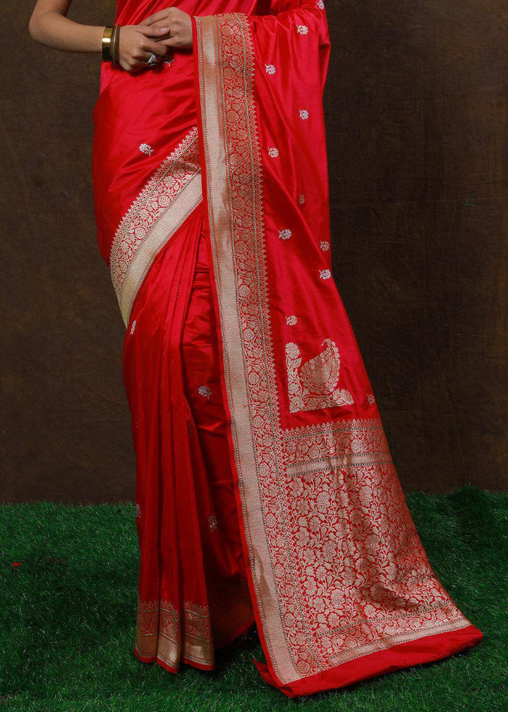 Ferrari Red Hand Woven Pure Katan Silk Saree | Stitched Blouse - qivii